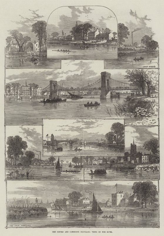 La gara di canottaggio Oxford e Cambridge, vedute sul fiume da William Henry Pike