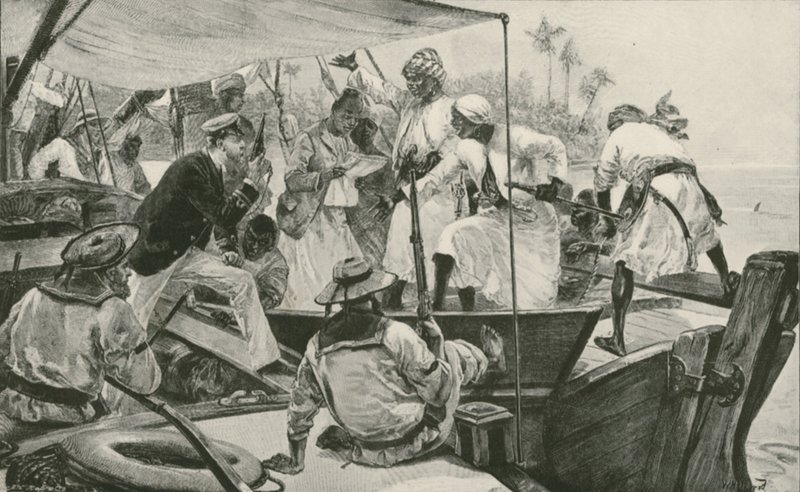 Un ufficiale navale britannico che ispeziona un dhow di schiavi arabi da William Heysham (after) Overend
