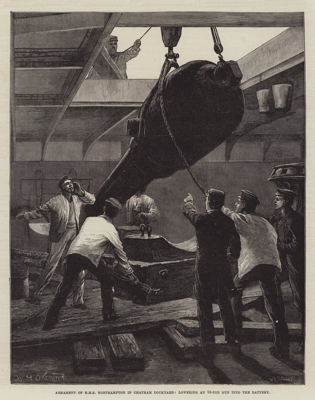 Armamento della HMS Northampton nel cantiere navale di Chatham, abbassando un cannone da 18 tonnellate nella batteria da William Heysham Overend