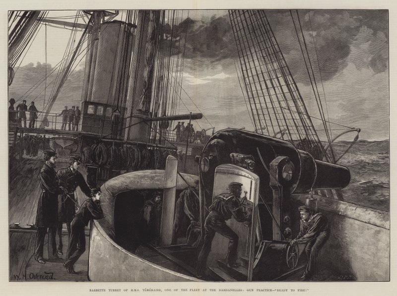 Torretta Barbette della HMS Temeraire, una della flotta ai Dardanelli, esercitazione di tiro, pronti a sparare! da William Heysham Overend