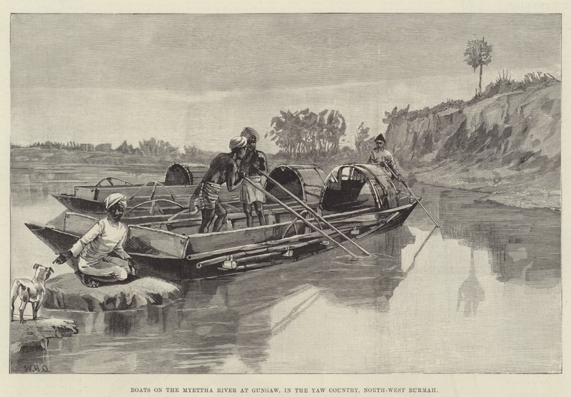 Barche sul fiume Myettha a Gungaw, nel paese di Yaw, Birmania nord-occidentale da William Heysham Overend