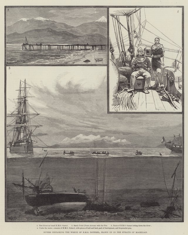 Subacquei che esplorano il relitto della HMS Doterel, esplosa nello Stretto di Magellano da William Heysham Overend