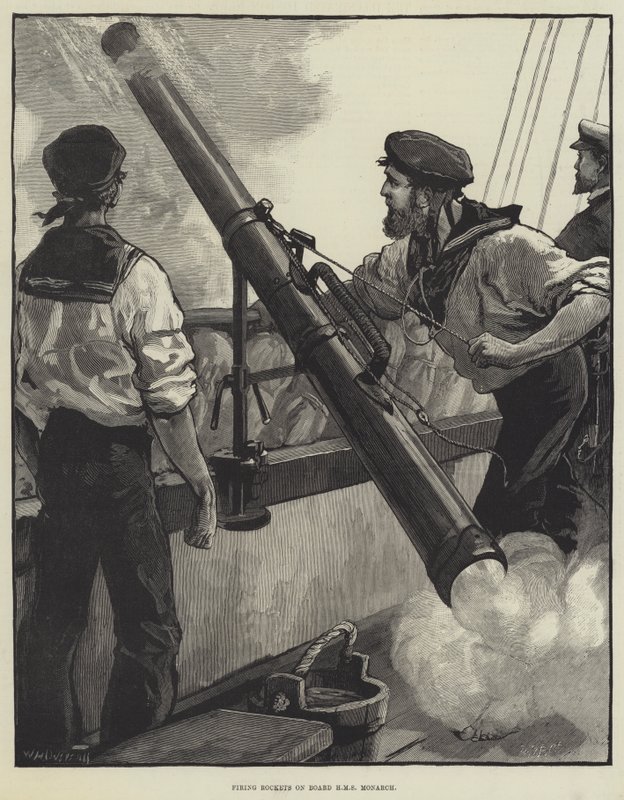 Lancio di razzi a bordo della HMS Monarch da William Heysham Overend