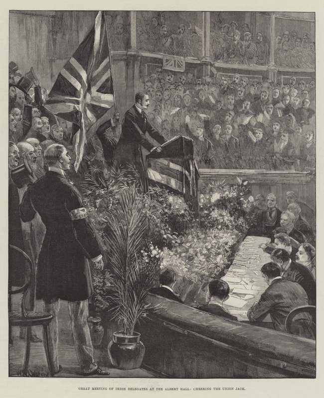 Grande incontro dei delegati irlandesi alla Albert Hall, acclamando la Union Jack da William Heysham Overend