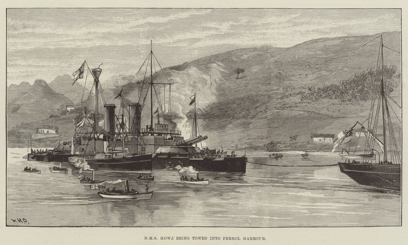HMS Howe rimorchiata nel porto di Ferrol da William Heysham Overend