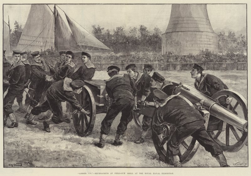Prepararsi! Marinai alla prova del cannone alla Royal Naval Exhibition da William Heysham Overend