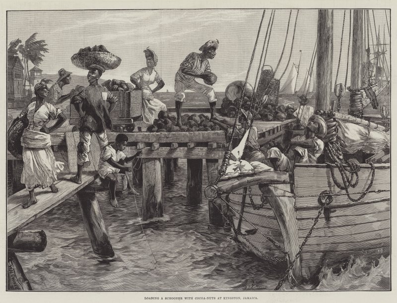 Caricamento di una goletta con noci di cocco a Kingston, Giamaica da William Heysham Overend
