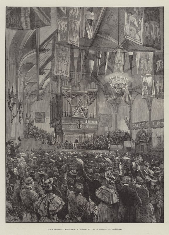 Lord Salisbury che si rivolge a una riunione nella Guildhall, Londonderry da William Heysham Overend
