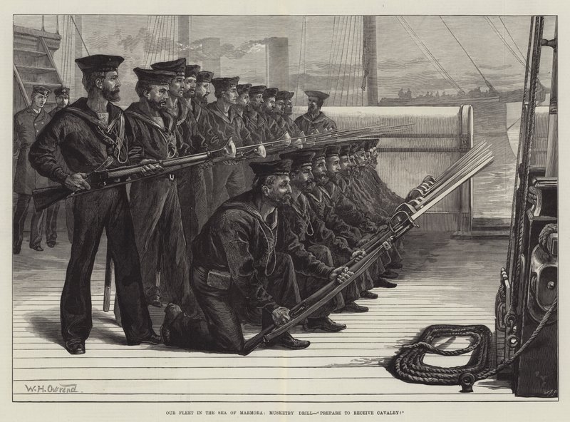 La nostra flotta nel Mar di Marmora, esercitazione di moschetteria, prepararsi a ricevere la cavalleria! da William Heysham Overend