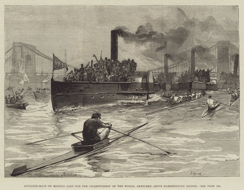 Gara di canottaggio di lunedì scorso per il campionato del mondo, schizzata sopra il ponte di Hammersmith da William Heysham Overend