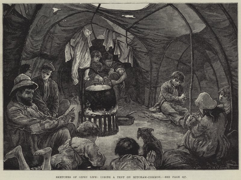 Schizzi di vita zingara, dentro una tenda su Mitcham-Common da William Heysham Overend