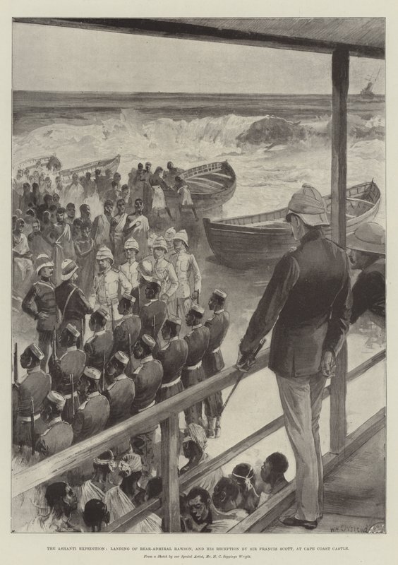 La spedizione Ashanti, sbarco del retroammiraglio Rawson e la sua accoglienza da parte di Sir Francis Scott, al Cape Coast Castle da William Heysham Overend