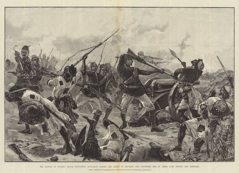 La battaglia di Suakin, il battaglione sudanese nero prende il nemico di sorpresa e cattura uno dei loro cannoni dietro le trincee da William Heysham Overend