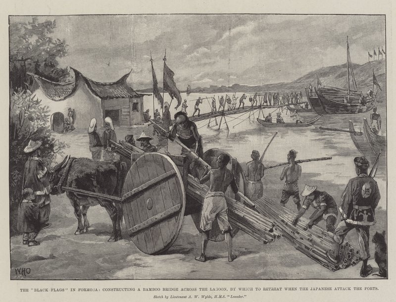 Le bandiere nere a Formosa, costruendo un ponte di bambù attraverso la laguna, per ritirarsi quando i giapponesi attaccano i forti da William Heysham Overend