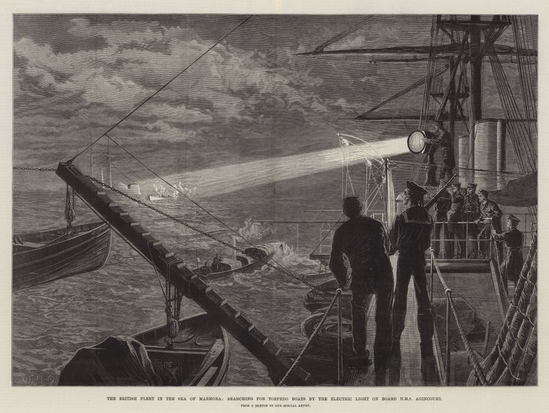 La flotta britannica nel Mar di Marmora, alla ricerca di torpediniere con la luce elettrica a bordo della HMS Agincourt da William Heysham Overend