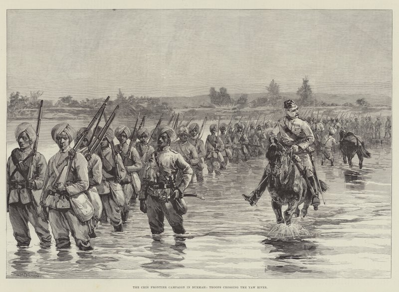 La campagna di frontiera Chin in Birmania, truppe che attraversano il fiume Yaw da William Heysham Overend