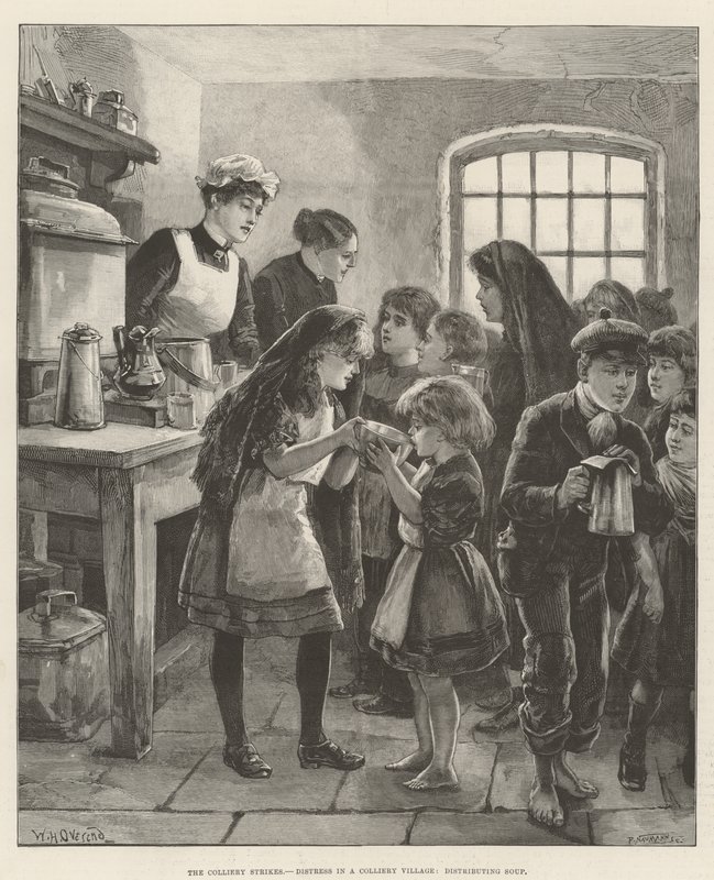 Gli scioperi nelle miniere, disagio in un villaggio minerario, distribuzione di zuppa da William Heysham Overend