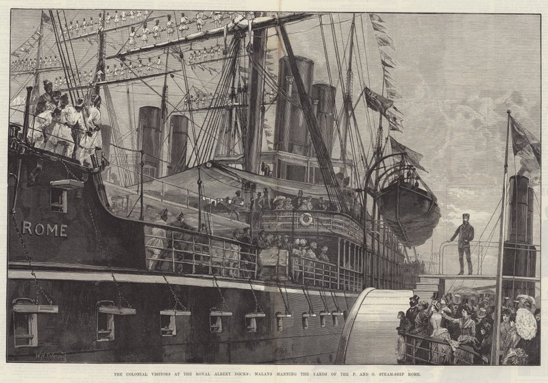 I visitatori coloniali ai Royal Albert Docks, malesi che manovrano le vele della nave a vapore P e O Rome da William Heysham Overend