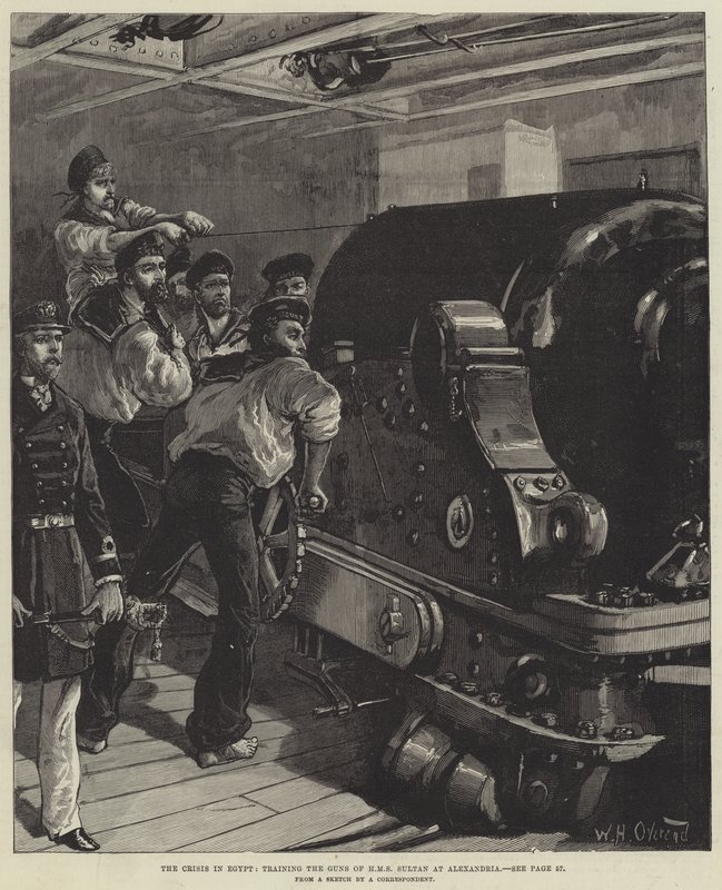 La crisi in Egitto, addestramento dei cannoni della HMS Sultan ad Alessandria da William Heysham Overend