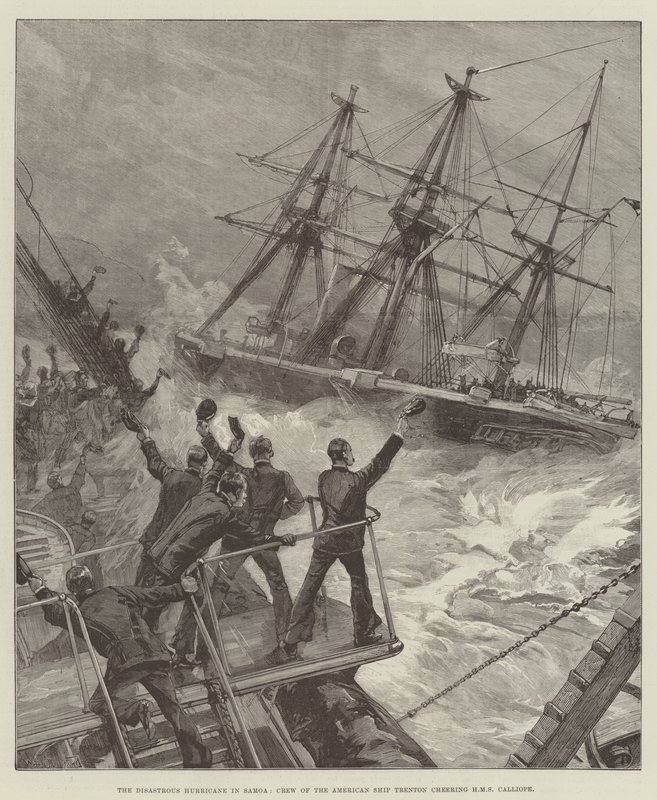 Il Disastroso Uragano a Samoa, Equipaggio della Nave Americana Trenton che acclama la HMS Calliope da William Heysham Overend