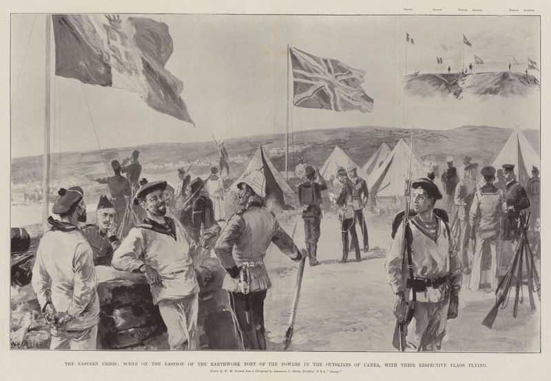 La Crisi Orientale, Scena sul Bastione del Forte di Terra delle Potenze alla Periferia di Canea, con le loro Bandiere rispettive da William Heysham Overend
