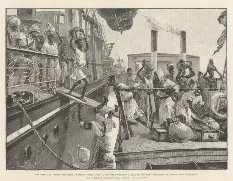 La spedizione di soccorso di Emin Pasha a Banana Point, 18 marzo 1887, la nave a vapore Madura trasferisce i passeggeri a una nave a vapore del fiume Congo da William Heysham Overend