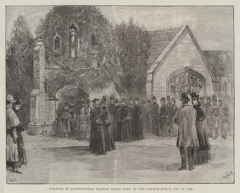 Il funerale del defunto Duca di Clarence e Avondale, visitatori a Sandringham in attesa del loro turno al portico della chiesa, 18 gennaio 1892 da William Heysham Overend