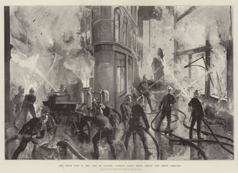 Il Grande Incendio nella Città di Londra, vista su Jewin Street e Jewin Crescent da William Heysham Overend