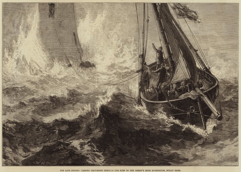 Le recenti tempeste, passaggio di provviste attraverso le onde al faro di Bishop