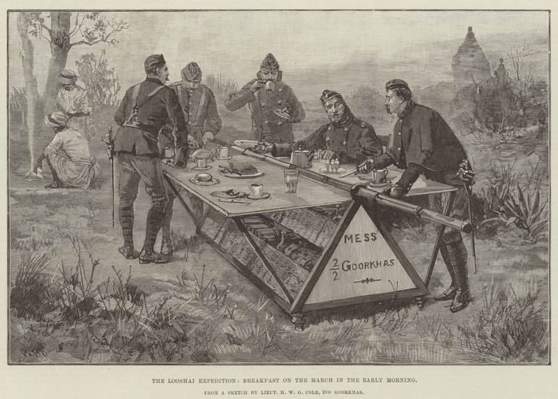 La Spedizione Looshai, colazione in marcia al mattino presto da William Heysham Overend