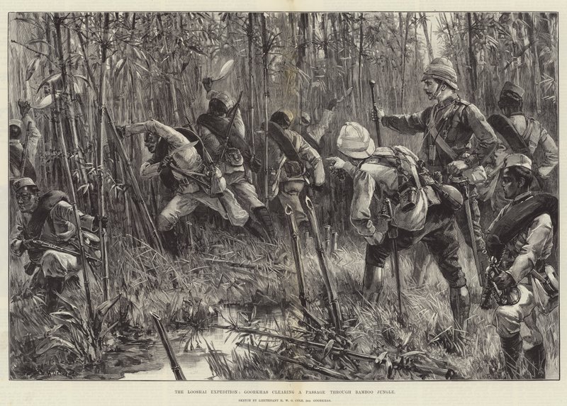 La spedizione di Looshai, i Gurkha aprono un passaggio attraverso la giungla di bambù da William Heysham Overend