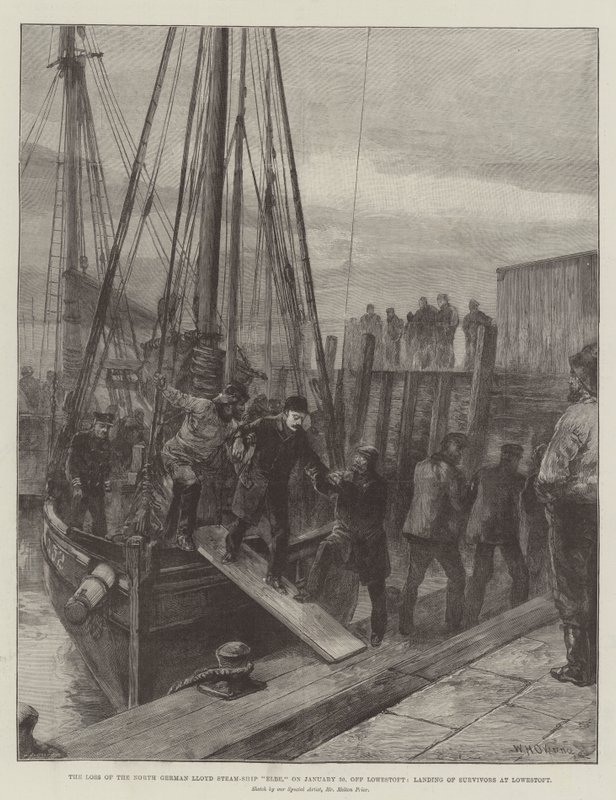 La perdita della nave a vapore Elbe del Norddeutscher Lloyd, il 30 gennaio, al largo di Lowestoft, sbarco dei sopravvissuti a Lowestoft da William Heysham Overend