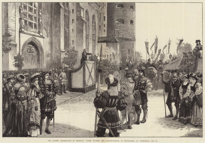La celebrazione di Lutero in Germania, scena fuori dalla Schloss-Kirche, a Wittenberg, mercoledì 31 ottobre da William Heysham Overend