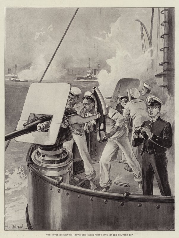 Le manovre navali, cannoni a fuoco rapido Hotchkiss nel Top militare da William Heysham Overend