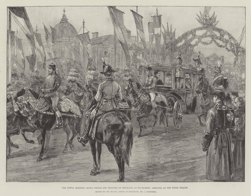 Il principe ereditario e la principessa di Romania appena sposati a Bucarest, arrivano al Palazzo Reale da William Heysham Overend