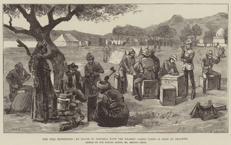 La spedizione del Nilo, in rotta verso Dongola con il Corpo dei cammelli delle Guardie, una sosta ad Akasheh da William Heysham Overend