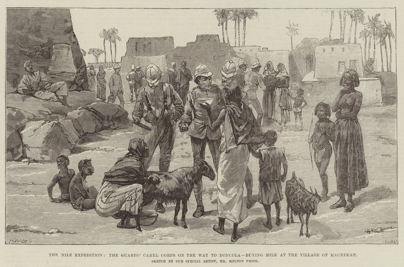 La spedizione del Nilo, il corpo dei cammelli delle guardie in viaggio verso Dongola, acquisto di latte al villaggio di Magrekah da William Heysham Overend