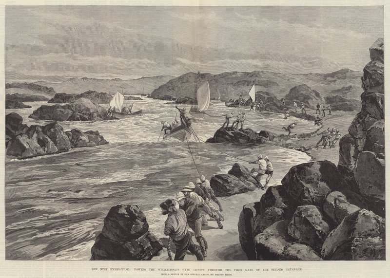 La spedizione del Nilo, trainando le barche balena con le truppe attraverso la prima porta della seconda cateratta da William Heysham Overend