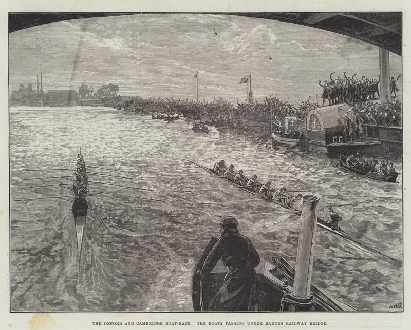 La gara di canottaggio Oxford e Cambridge, le barche che passano sotto il ponte ferroviario di Barnes da William Heysham Overend