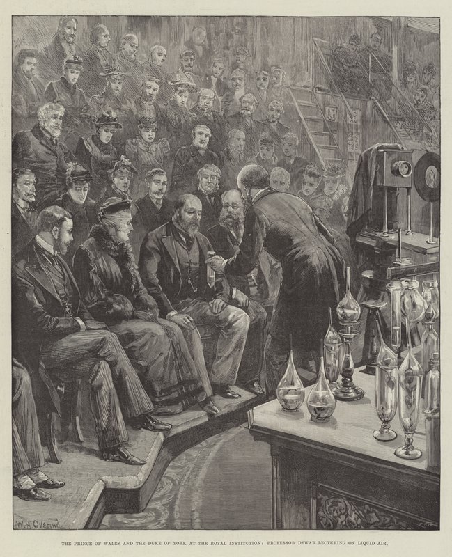 Il Principe di Galles e il Duca di York alla Royal Institution, il Professor Dewar tiene una lezione sull