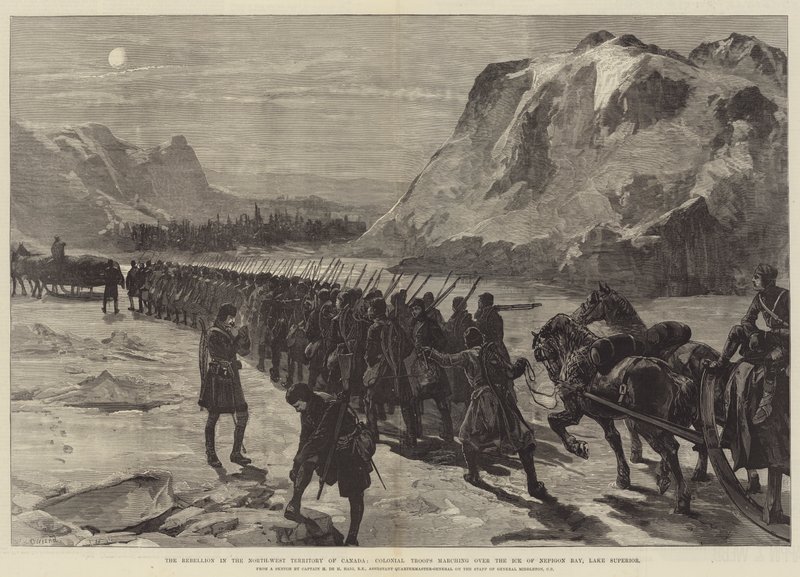 La ribellione nel Territorio del Nord-Ovest del Canada, Truppe coloniali che marciano sul ghiaccio della Baia di Nepigon, Lago Superiore da William Heysham Overend