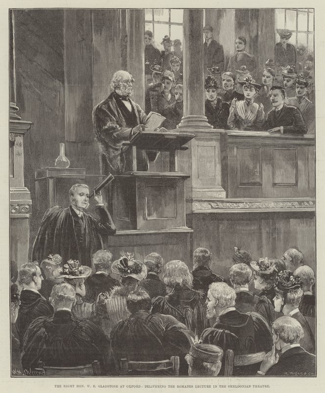 Il molto onorevole W E Gladstone a Oxford, tenendo la lezione Romanes nel teatro Sheldonian da William Heysham Overend
