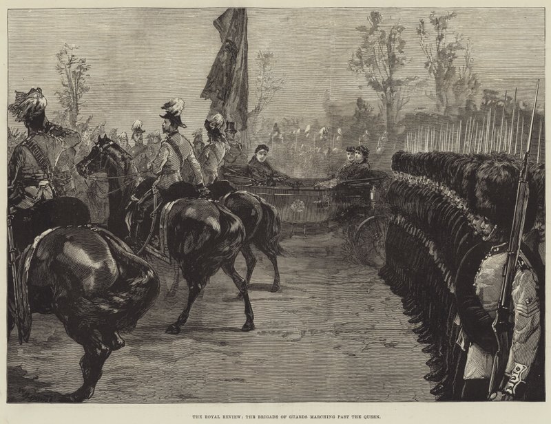 La revisione reale, la brigata delle guardie che marcia davanti alla regina da William Heysham Overend