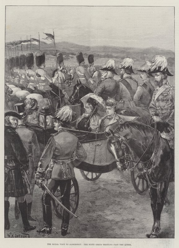 La visita reale ad Aldershot, gli Scots Greys che trottano davanti alla Regina da William Heysham Overend