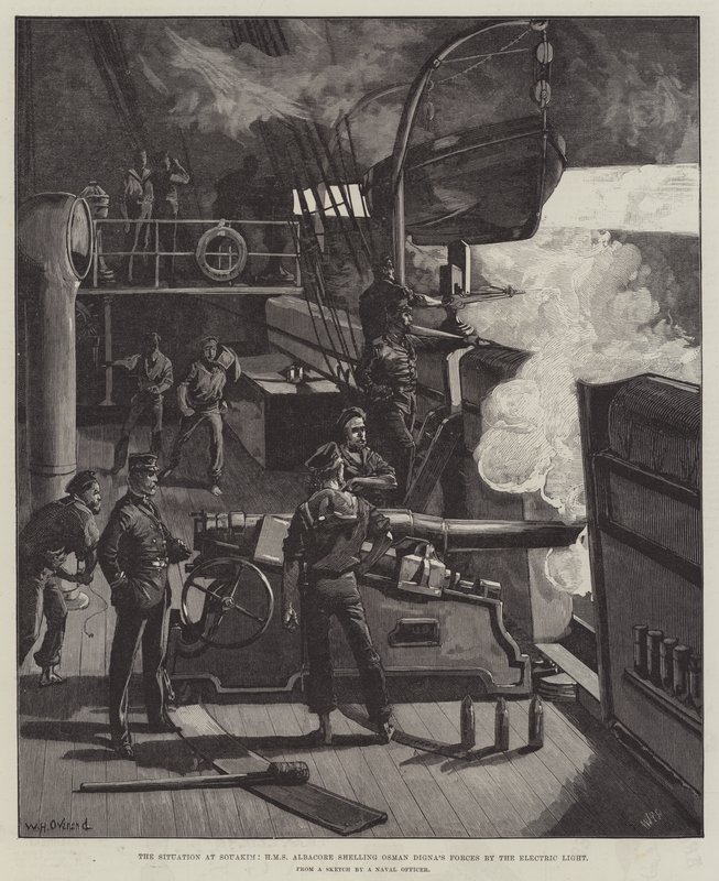 La situazione a Souakim, HMS Albacore che bombarda le forze di Osman Digna con la luce elettrica da William Heysham Overend