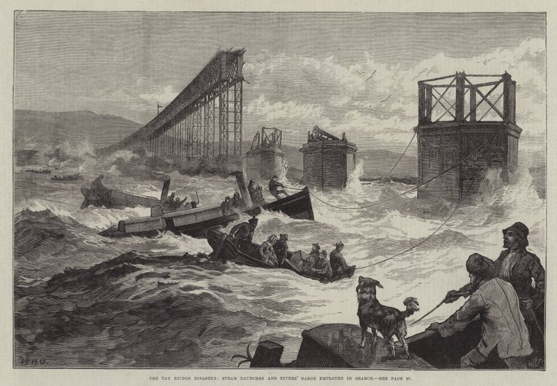 Il disastro del ponte Tay, lanci di vapore e chiatta dei subacquei impiegati nella ricerca da William Heysham Overend