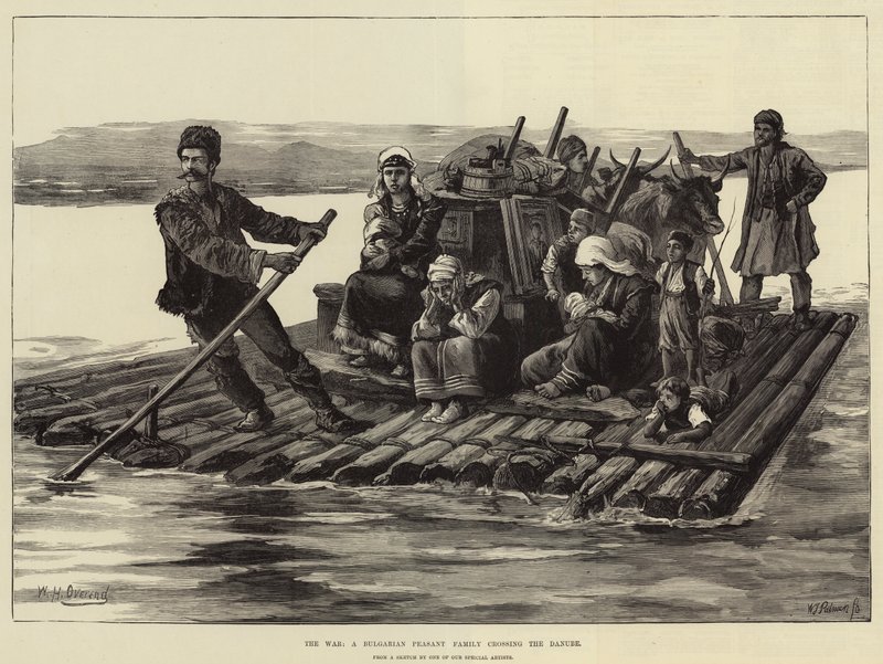 La guerra, una famiglia di contadini bulgari attraversa il Danubio da William Heysham Overend