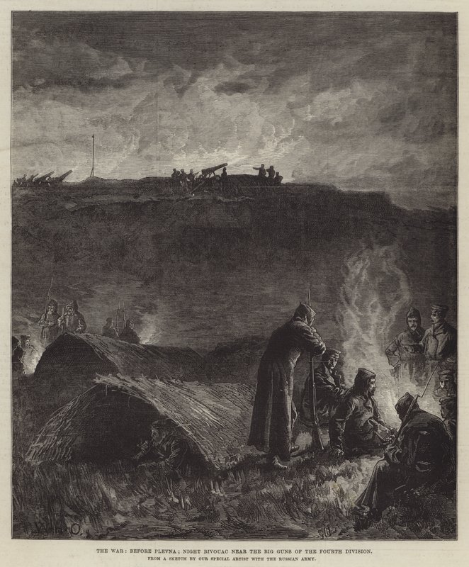 La guerra, prima di Plevna; Bivacco notturno vicino ai grandi cannoni della Quarta Divisione da William Heysham Overend