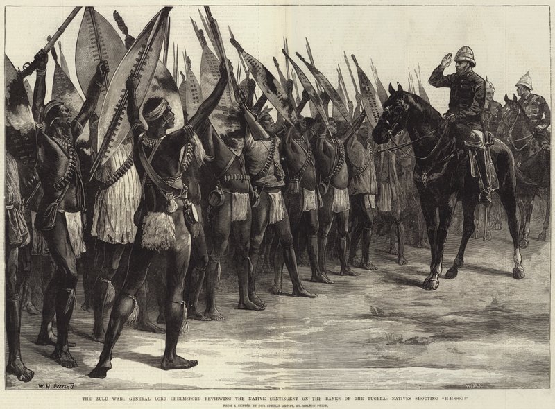La guerra Zulu, il generale Lord Chelmsford che rivede il contingente nativo sulle rive del Tugela, i nativi gridano H-H-Ooo! da William Heysham Overend