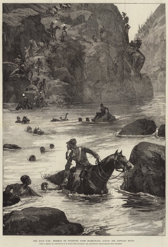 La guerra Zulu, ritirata dei fuggitivi da Isanhlwana attraverso il fiume Buffalo da William Heysham Overend